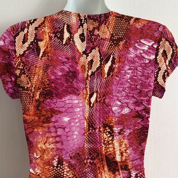 Cache Y2K Snake Print Ruched Faux Wrap V-Neck Sheath Dress Pink Mob Wife Size XS - Picture 7 of 10